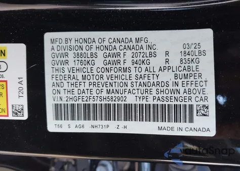 2025 Honda Civic Sport z USA, uszkodzony, nr VIN 2HGFE2F57SH582902